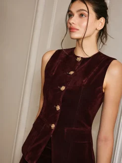 Metal-Button Velvet Cinched Vest