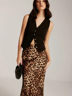 Metal-Button Vest With Leopard Zipper Skirt Set