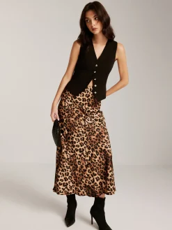 Metal-Button Vest With Leopard Zipper Skirt Set
