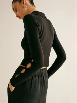 Metal-Decor Cutout Lapel Crop Sweater