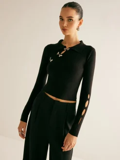 Metal-Decor Cutout Lapel Crop Sweater