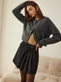 Metal-Detail Asymmetrical Pleated Skirt