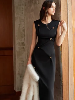 Metal-Detail Backless Pleated Tank Dress