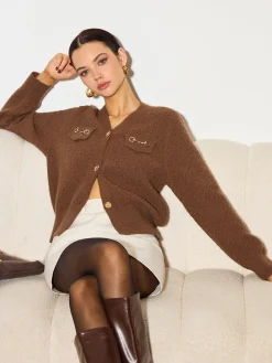 Metal-Detail Button Split Short Cardigan
