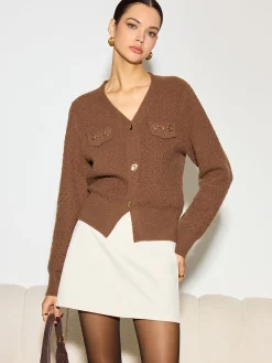 Metal-Detail Button Split Short Cardigan