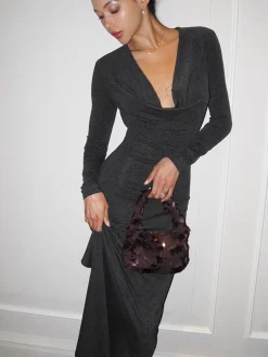 Metal-Detail Cowl Neck Slim Jersey Dress
