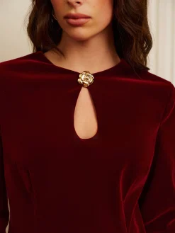 Metal-Detail Keyhole Neckline Velvet Short Dress