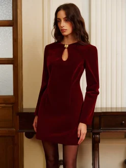 Metal-Detail Keyhole Neckline Velvet Short Dress