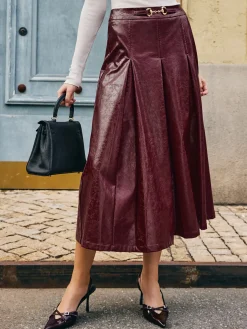 Metal-Detail Pleated Faux Leather Skirt