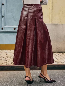 Metal-Detail Pleated Faux Leather Skirt