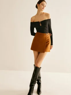 Metal-Detail Suede Mini Skirt