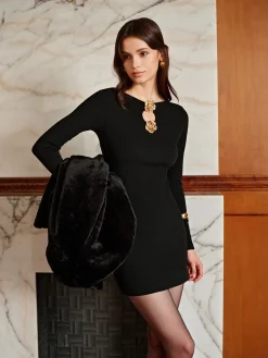Metal-Floral Ribbed Short Dress