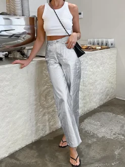 Metallic Leather Straight Leg Pants