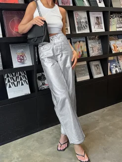 Metallic Leather Straight Leg Pants