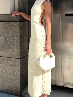Metallic O-Ring Cutout Long Dress