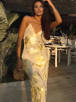 Metallic Print V-Neck Backless Slip Long Dress
