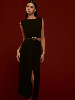 Metal-Ring Cutout Pleated Dress