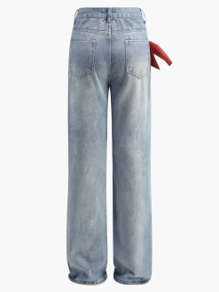 Mid-Waist Bow-Decor Denim Jeans