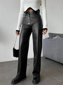 Mid-Waist Button PU Leather Pants