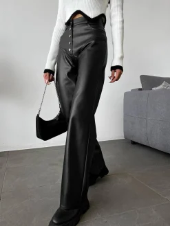 Mid-Waist Button PU Leather Pants