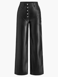 Mid-Waist Button PU Leather Pants
