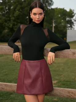 Mid-Waist Faux Leather Back-Zipper Mini Skirt
