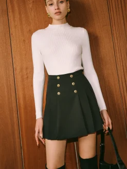 Mid-Waist Metal-Detail Pleated Skirt