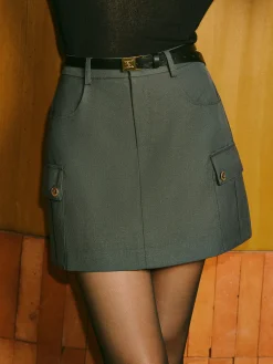 Mid-Waist Pockets A-Line Skirt With Belt