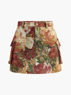 Mid-Waist Pockets Floral Skirt