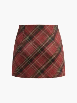 Mid-Waist Side-Zipper Checked Skirt