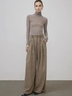 Mid-Waist Tweed Pleated Wide-Leg Pants