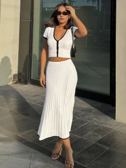 Minimalism Contrast Trim Sweater Skirt Set