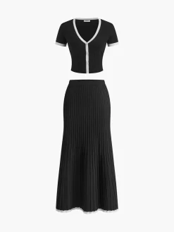 Minimalism Contrast Trim Sweater Skirt Set