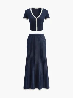 Minimalism Contrast Trim Sweater Skirt Set