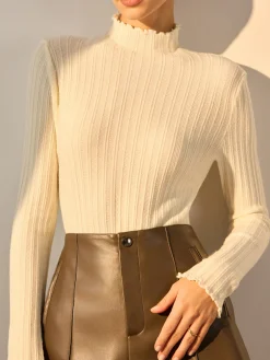 Minimalist Lettuce Trim Mock Neck Knit Top