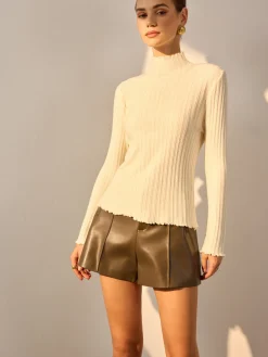 Minimalist Lettuce Trim Mock Neck Knit Top