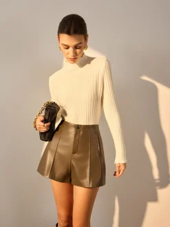 Minimalist Lettuce Trim Mock Neck Knit Top