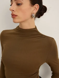 Mock Neck Asymmetical Pleated Top