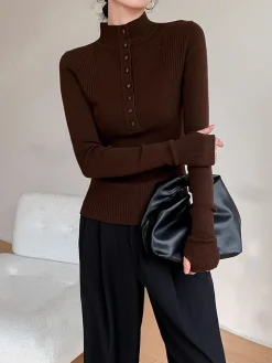 Mock Neck Breasted Slim Sweater