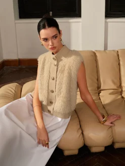 Mock Neck Button Fuzzy Vest