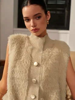 Mock Neck Button Fuzzy Vest