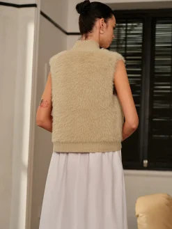 Mock Neck Button Fuzzy Vest