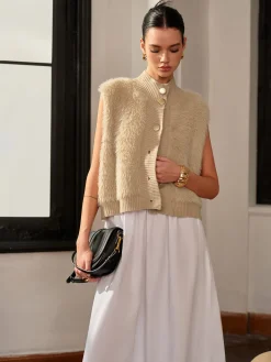 Mock Neck Button Fuzzy Vest