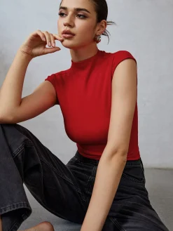 Mock Neck Cap Sleeve T-Shirt