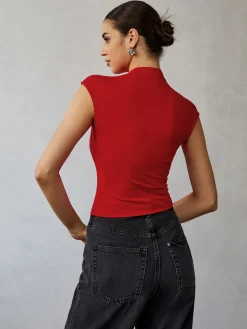 Mock Neck Cap Sleeve T-Shirt