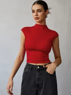Mock Neck Cap Sleeve T-Shirt