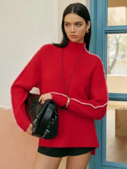 Mock Neck Contrast Binding Split Sweater