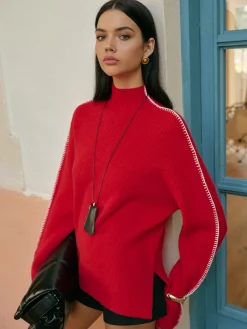Mock Neck Contrast Binding Split Sweater