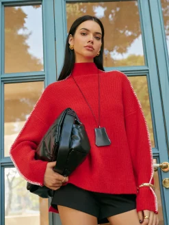 Mock Neck Contrast Binding Split Sweater