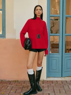 Mock Neck Contrast Binding Split Sweater